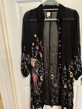 Lovely Sheer Embroidered Kimono black Cardigan with Colorful Floral & Bird Motif